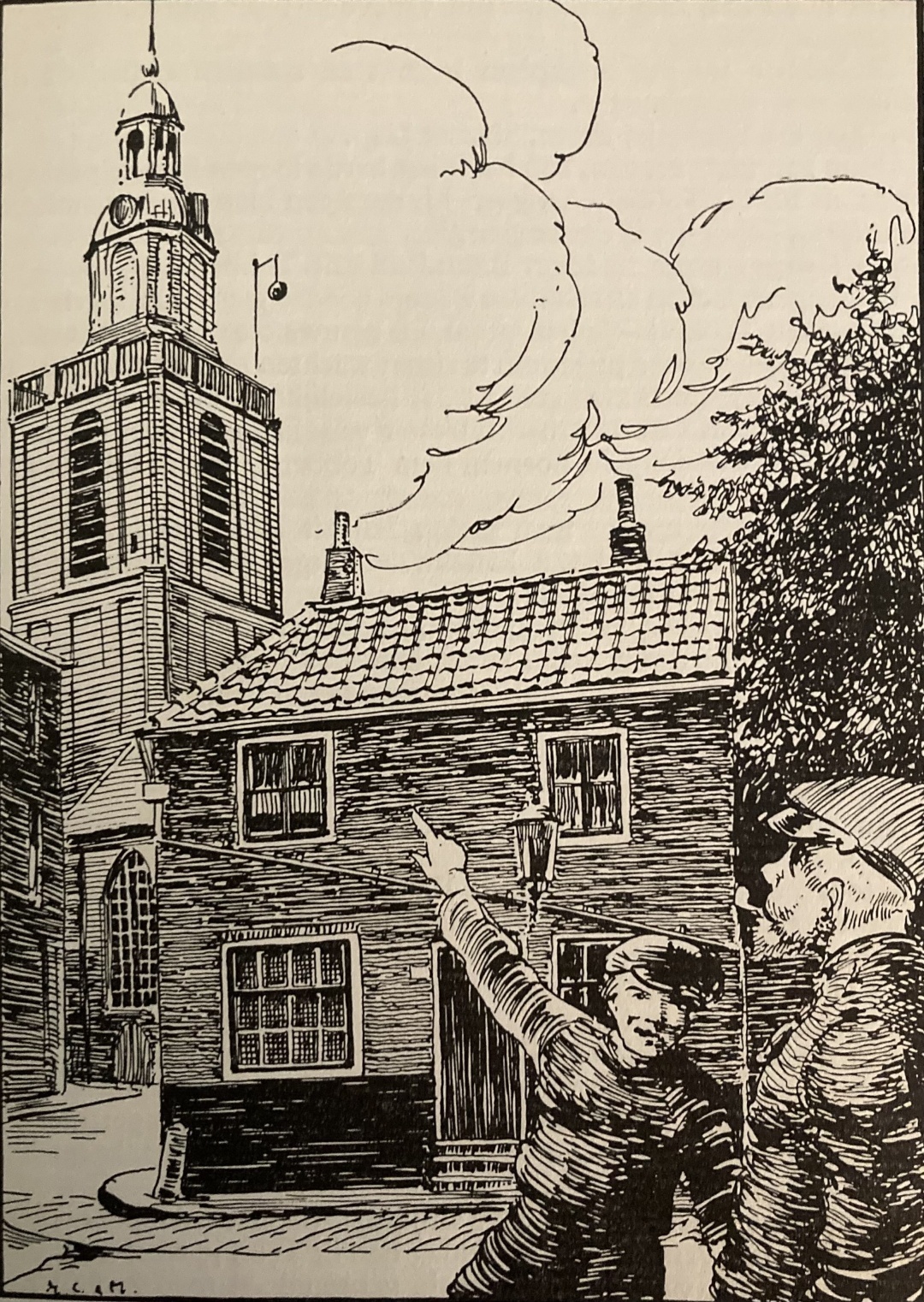 Pentekening  'Een bal op! Een bal op!' door M.A. Meischke, ca. 1930. (Collectie Stadsarchief Vlaardingen, VIIID-71)