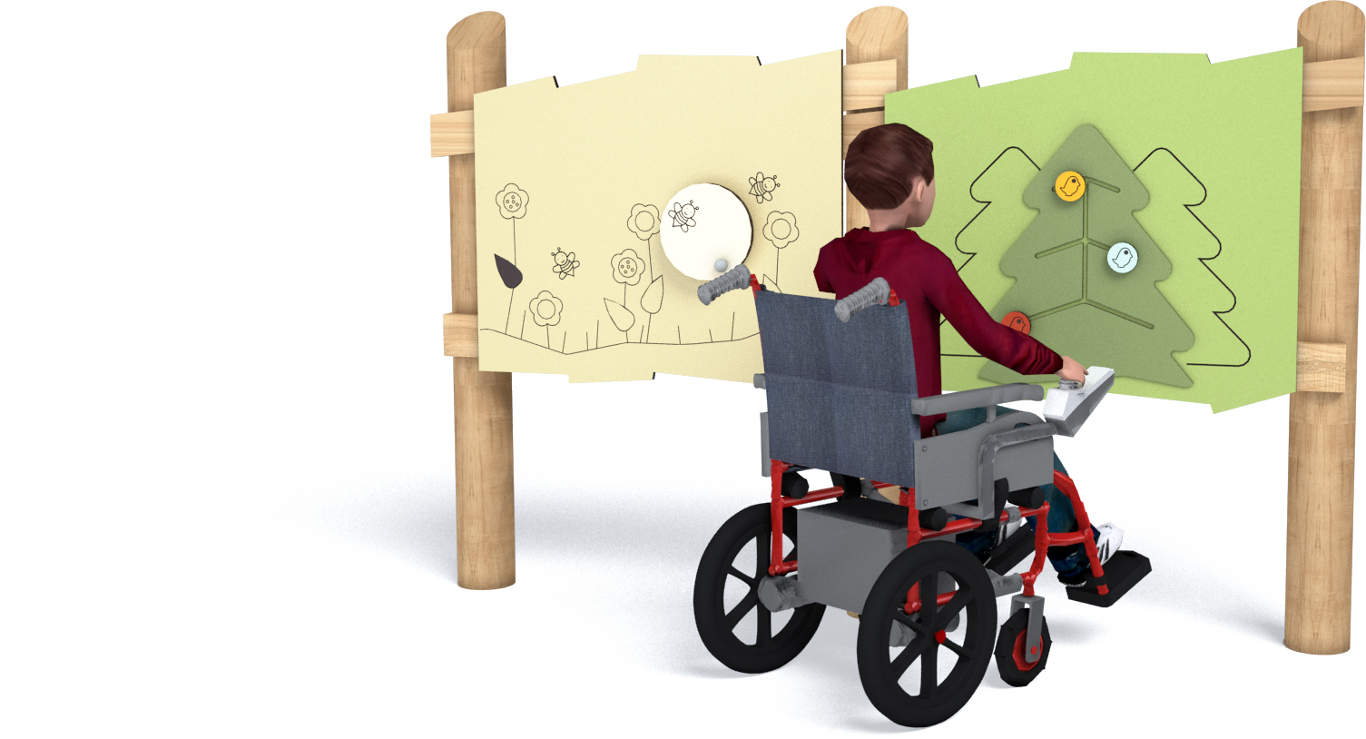 twee speelborden en een kind in een rolstoel