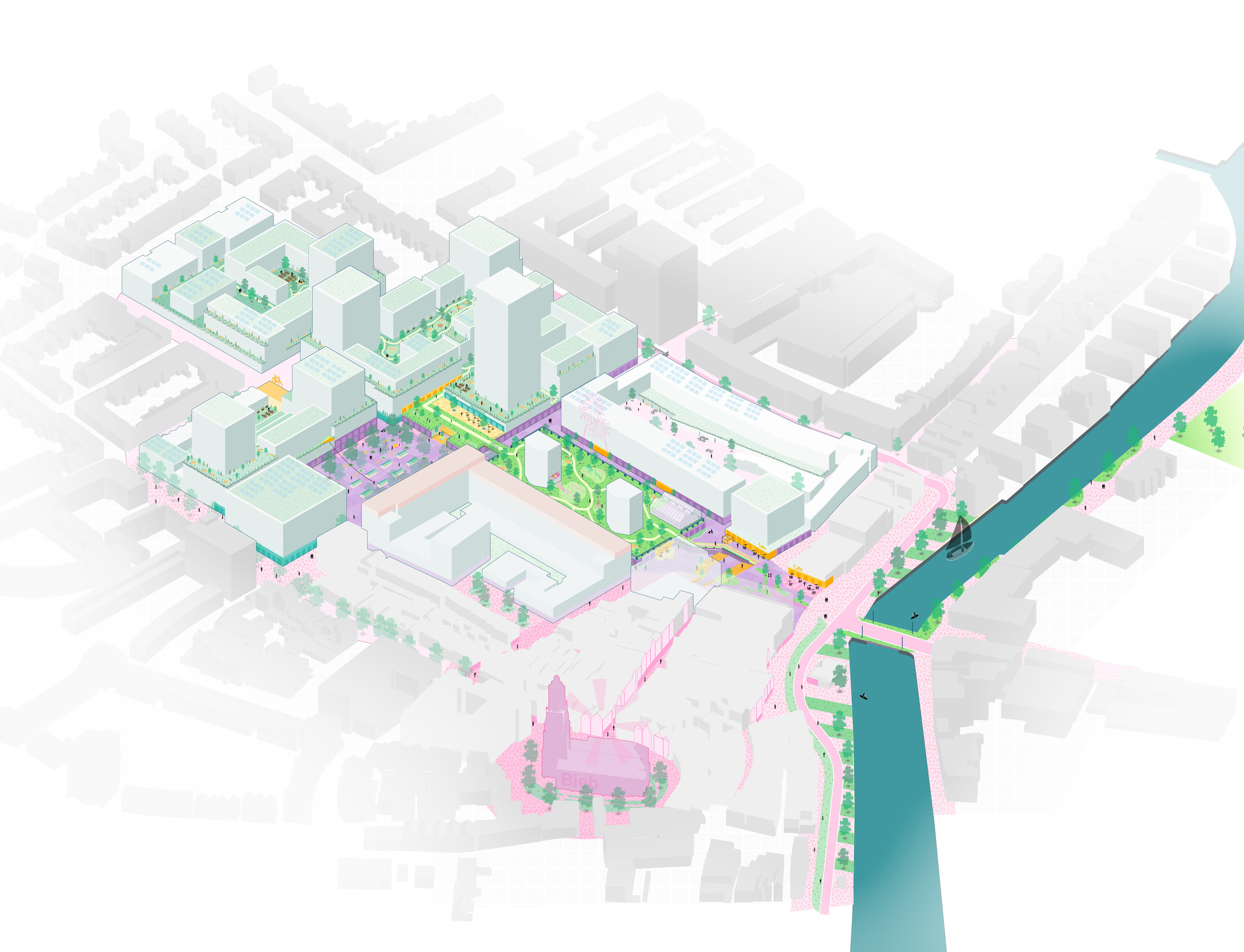 Fotobijschrift: Impressie van de toekomstige stedenbouwkundige situatie vanuit vogelperspectief (Urhahn). Dit figuur dient als een illustratie van de mogelijkheden binnen het ontwikkelkader.