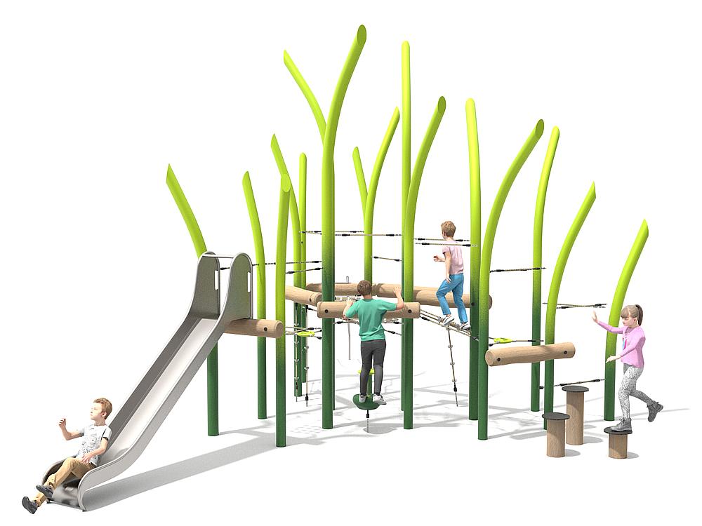speeltoestel met verschillende functies, zoals een glijbaan, drie paaltjes met verschillende hoogtes, duikelrekken en rekstokken, en vier spelende kinderen